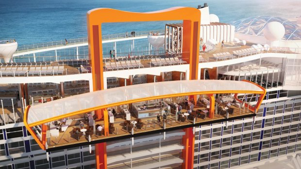 The Magic Carpet, an exterior platform will roam up and down from Deck 2 to Deck 16, is one of the innovations for the new cruise ship Celebrity Edge.