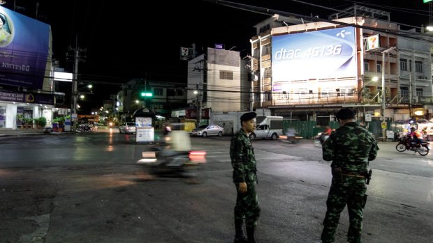 Thai Army officers patrol the streets in Hua Hin, Thailand. 
