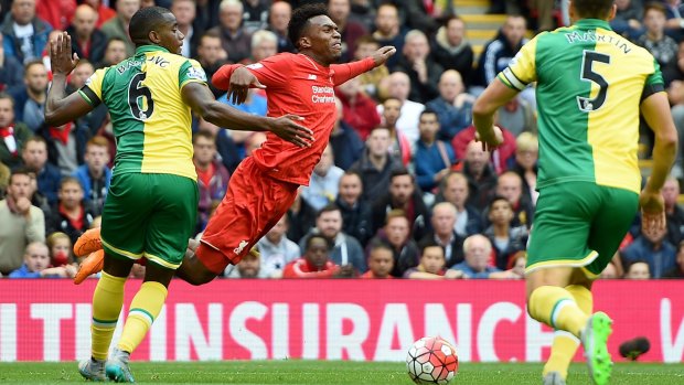Liverpool's Daniel Sturridge goes to ground in the penalty area against Norwich City.