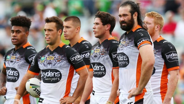Faces tell a story: The Tigers gather behind their own try line after another Canberra try on the weekend.