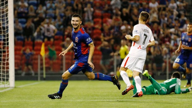 Procession: Steven Ugarkovic has his turn to put his name on the scoresheet in an embarrassing night for the Wanderers.
