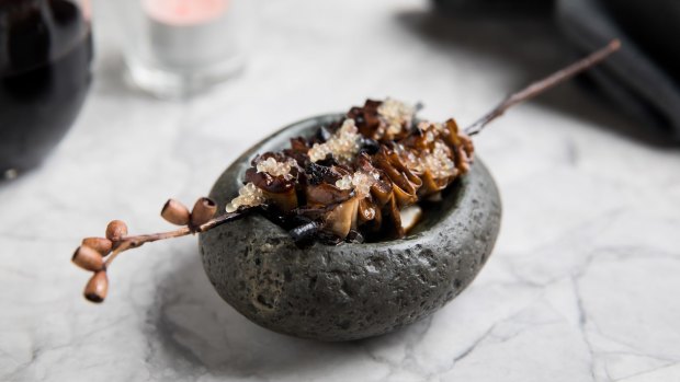 The Insta-princess dish of organic mushrooms skewered onto twigs, charred over paperbark and served with macadamia cream.
