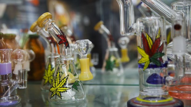 Glass pipes are displayed for sale at a store in the Venice Beach neighborhood of Los Angeles.