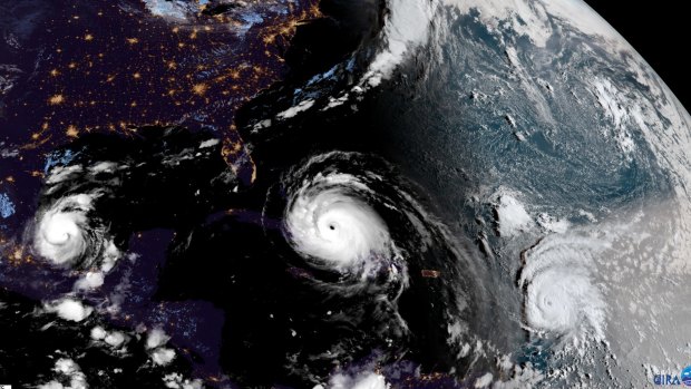 Three Hurricanes in a row, from left, in the Atlantic: Katia, Irma and Jose. 
