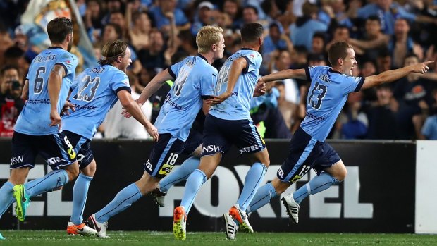 Stunner: Brandon O'Neill celebrates his perfectly taken free kick on the edge of the box.