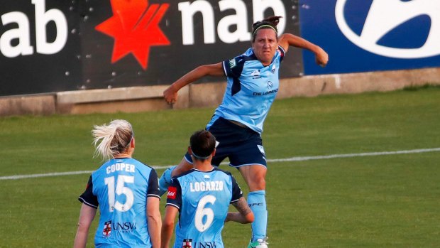 Talisman: Lisa De Vanna celebrates scoring in the semi-final between Sydney FC and Newcastle Jets at Leichhardt Oval.