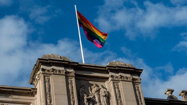 A rainbow flag atop Victorian Parliament House last year.
