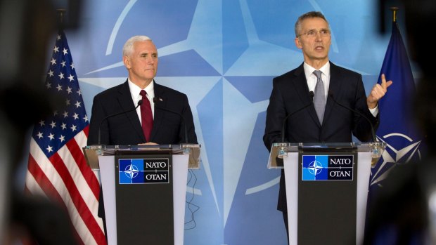 US Vice-President Mike Pence, left, and NATO Secretary General Jens Stoltenberg at NATO headquarters in Brussels.