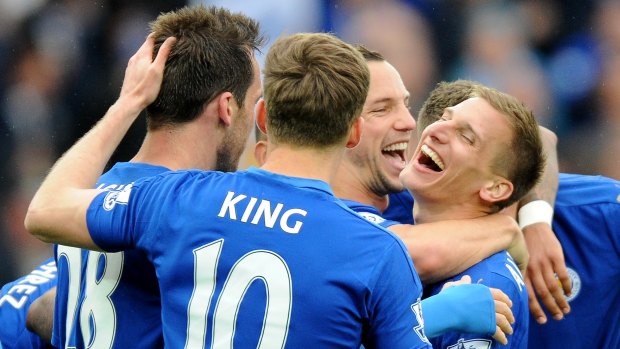 Party time: Leicester's Marc Albrighton celebrates after scoring against Swansea