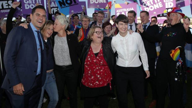 Magda Szubanski (centre) at a same-sex rally on the front lawn of Parliament House in Canberra ahead of the vote on the Marriage Amendment Bill on December 7.