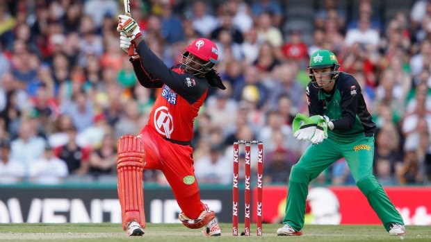 Big Bash: Chris Gayle of the Melbourne Renegades hits Adam Zampa of the Melbourne Stars for six last week.
