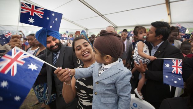 The 220 people who took the citizenship oath at Sunshine on Monday received a gum tree sapling and a handshake from Opposition leader Bill Shorten.