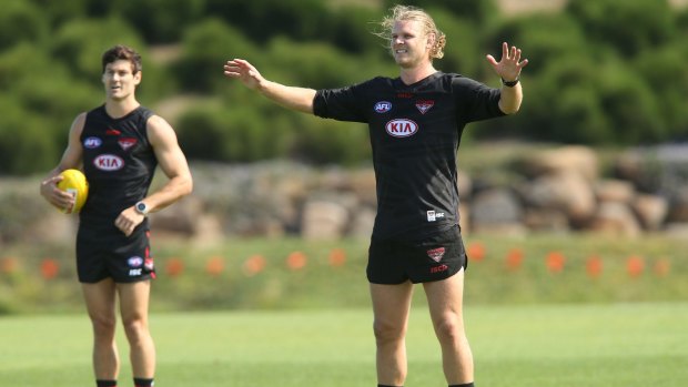 Essendon footballers Ben Howlett and Michael Hurley in action during a Bombers training session at True Vaule Solar Centre on February 15, 2017.
