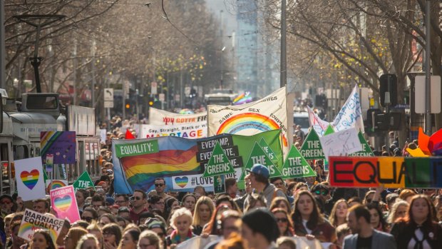 People attending a Marriage Equality rally in Melbourne. 