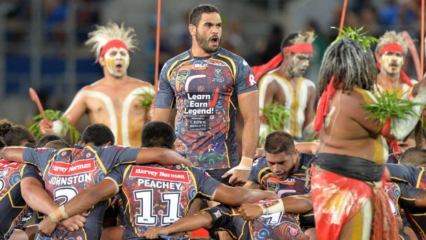 All star: Greg Inglis features in the Indigenous war dance before the 2015 All Stars match.