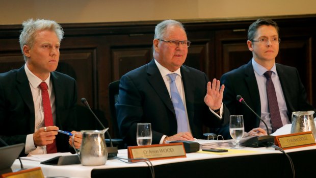 Lord Mayor Robert Doyle (centre) during a City of Melbourne vote on ''camping'' in the CBD.