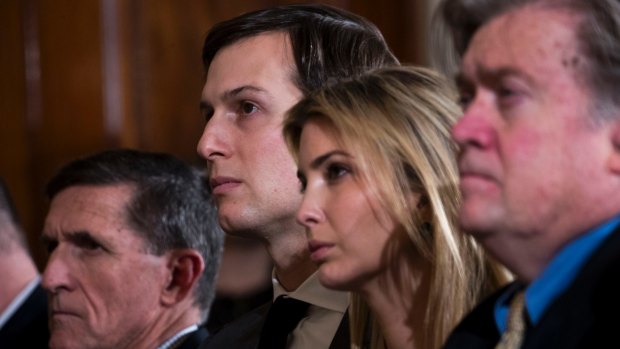 Jared Kushner and his wife, Ivanka Trump, at the White House during the visit of Japanese Prime Minister Shinzo Abe. At left is National Security Adviser Michael Flynn; at right is Steve Bannon. 