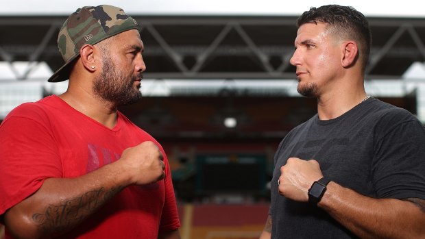 UFC Fighters Mark Hunt and Frank Mir face off during a media opportunity at Suncorp Stadium on February 2, 2016 in Brisbane, Australia.