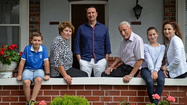Bill Papastergiadis and family at his parents' East St Kilda home.  From left  are Bill's son Lee, 9,  mother Helen, Bill, father John, daughter Ellen, 11, and wife Betty. 