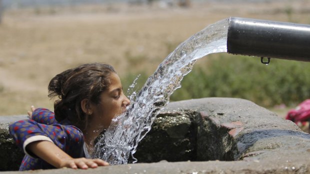 A girl drinks water from an irrigation tube in northern India's Jammu region during a May heatwave.