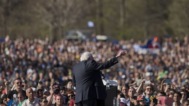 Change of tone: Senator Bernie Sanders, contender for the Democratic presidential nomination, speaks at Prospect Park in Brooklyn.