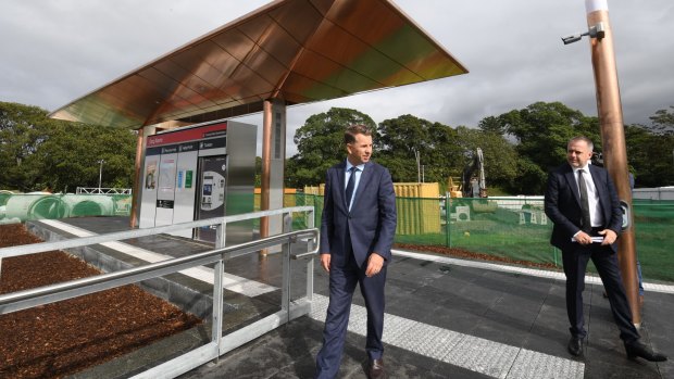 Transport Minister Andrew Constance, left, and Grimshaw Architects partner Andrew Cortese at the unveiling of a prototype of a light rail stop.