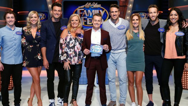 Conner Bethune, far left, with fellow Australian Survivor contestants on All Star Family Feud.