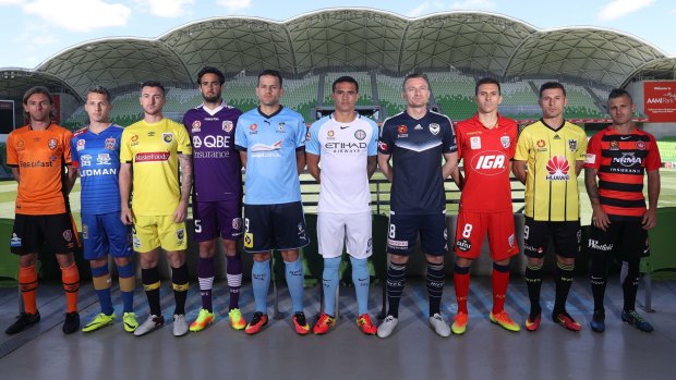 A-League team representatives, including Tim Cahill in centre, at AAMI Park in Melbourne on Wednesday.