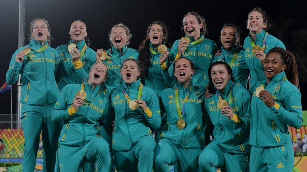 Golden moment: the Australian women's sevens team with their gold medals.