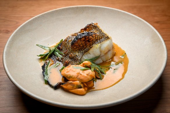 Fish-on-seafood-on-fish: Roast turbot with smoked mussles.