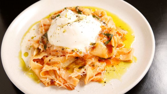 Pappardelle with tomato sugo and fresh mozzarella.