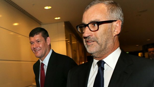 Crown chairman Rob Rankin, right, pictured last year with James Packer, observed the company needed to be cautious and measured in its commentary about the detained staff given the sensitive time in the process.