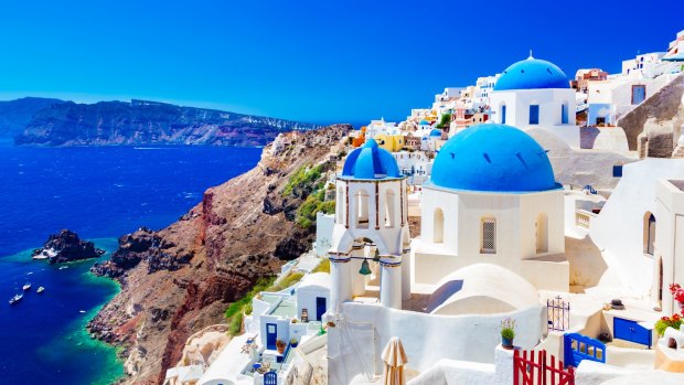 White buildings in the village of Oia on the Greek island of Santorini.