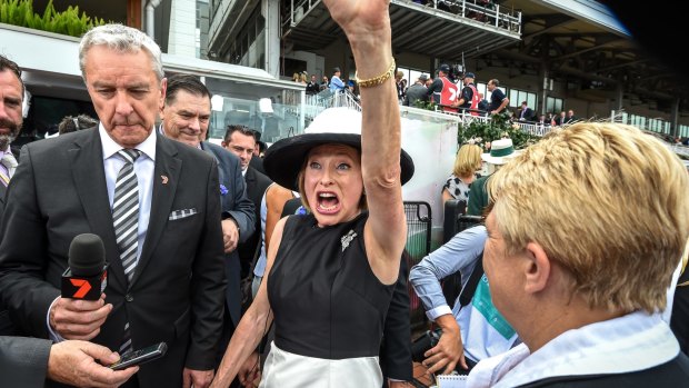 Gai Waterhouse celebrates after the protest is dismissed.