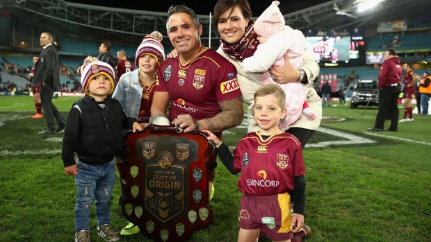 SYDNEY, AUSTRALIA - JULY 13: Corey Parker of the Maroons poses with his wife Margaux and family after winning the series following game three of the State Of Origin series between the New South Wales Blues and the Queensland Maroons at ANZ Stadium on July 13, 2016 in Sydney, Australia. (Photo by Cameron Spencer/Getty Images)