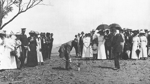 King O'Malley drives in the first peg in the development of the city of Canberra, 1913.