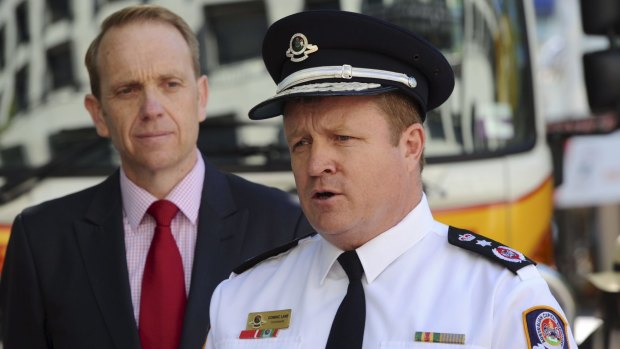 Police and Emergency Services Minister Simon Corbell and Emergency Services Agency commissioner Dominic Lane. 