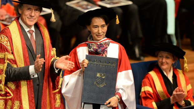 Aung San Suu Kyi receiving an honorary Doctor of Laws at Monash University last year.