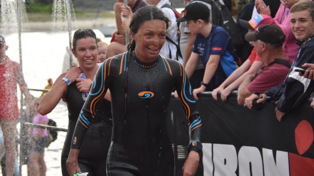 Turia Pitt on the swim leg of the Port Macquarie Ironman competition.