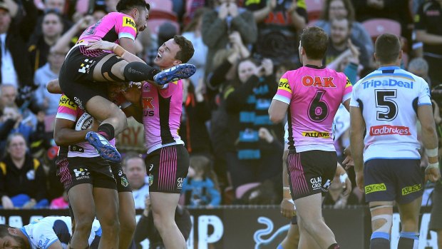 Over the line: The Panthers rejoice after sealing the match.
