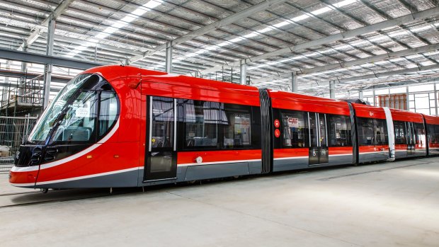 Canberra's first light rail vehicle at its depot in Mitchell. Could an east-west light rail link help solve congestion problems?