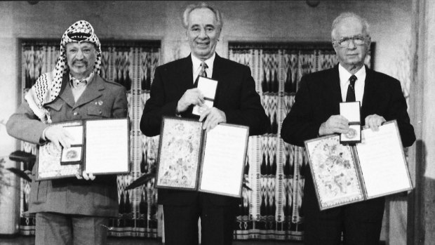 From left: Yasser Arafat, former Israeli prime minister Yitzhak Rabin and Shimon Peres after receiving the 1994 Nobel Peace Prize in Oslo in 1994.