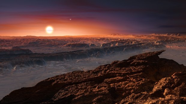 An artist's impression of the surface of planet Proxima b orbiting the red dwarf Proxima Centauri, the closest star to our solar system. 