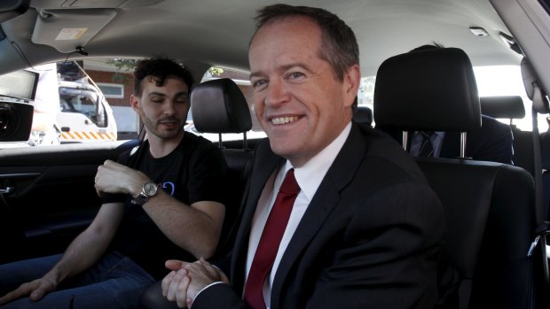Bill Shorten visits Google's Pyrmont offices to talk with young software engineer Fabian Tamp, in the Google Car of the future.