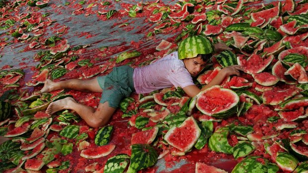 Andrew Hunter, 11, in a sea of broken melons.