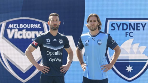 Joshua Brillante of Sydney FC (right) with Carl Valeri of Melbourne Victory at Port Melbourne SC for the official season launch.