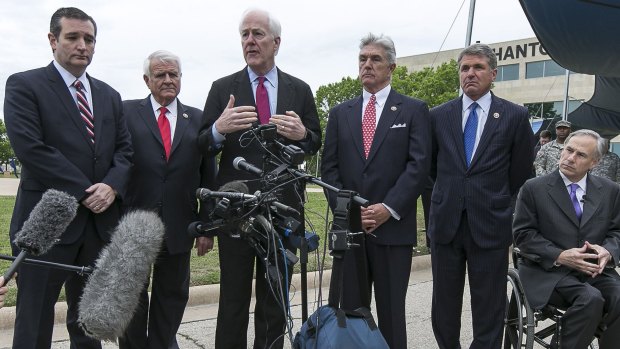 Texan Republicans: From left, Senator Ted Cruz, Representative John Carter, Senator John Cornyn, Representative Will Rogers, Representative Michael McCaul, and Governor Greg Abbott: Republicans have moved to strip protections that big Texan cities provide to gays.