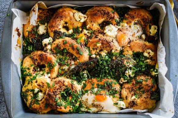 Baked eggs with mini bagels and spiced butter.