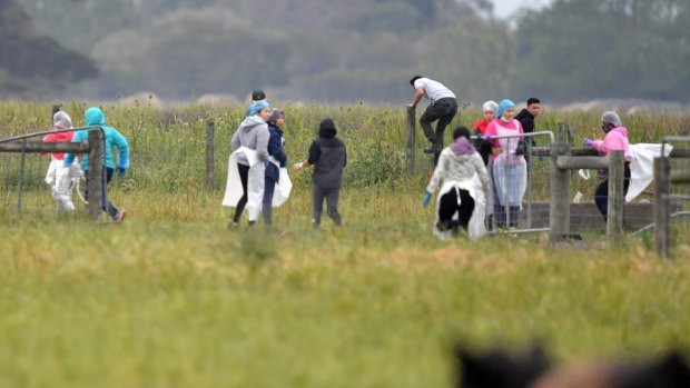 Potential illegal workers try to flee during a Border Force raid on Vizzarri Farms in Koo Wee Rup, Victoria.