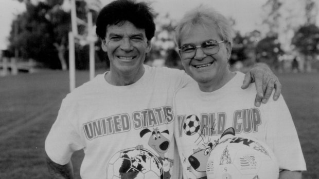 Former Socceroo captain Johnny Warren (left) and SBS presenter Les Murray, anchors of SBS Television's exclusive coverage of the 1994 World Cup from San Francisco.